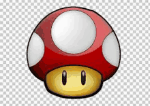 a red mushroom with white polka dots and yellow eyes on a transparent background .