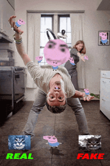 a man is doing a handstand in a kitchen with a woman behind him and the words real fake on the bottom