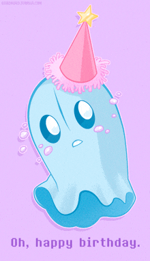 a birthday card with a ghost wearing a pink party hat and the words oh happy birthday