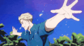 a man in a blue shirt with his arms outstretched reaching for something