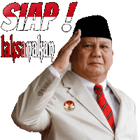 a man in a suit and tie salutes in front of a sign that says " siap "