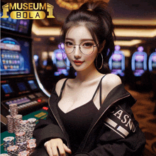 a woman wearing glasses is sitting in front of a slot machine with the words museum bola behind her