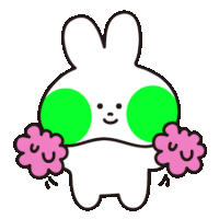 a cartoon rabbit with green spots on its face and pink flowers in its hands .