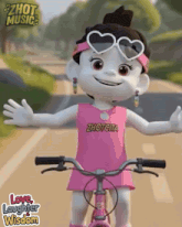 a cartoon girl is riding a bike with the words love laughter wisdom on the bottom