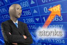 a man in a suit and tie is standing in front of a stock chart with the word stonks on it