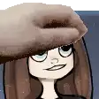 a close up of a cartoon girl wearing a hat with a hand on her head .