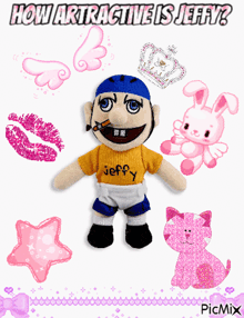 a picture of a stuffed animal with the words " how attractive is jeffy " at the top
