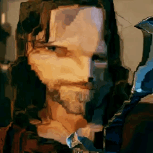 a pixelated painting of a man with a beard holding a sword