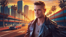 a man in a leather jacket is walking down a street with a car in the background