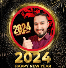 a man is giving a thumbs up in front of a happy new year 2024 sign