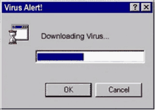 a computer screen that says virus alert and a downloading virus bar