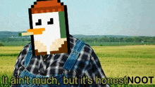 a pixelated man in overalls is standing in a field with a duck on his head .