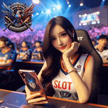 a girl wearing a slot jersey holds a cell phone