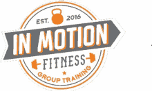 a logo for in motion fitness group training with an arrow pointing to the right