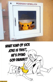 a picture of an emergency defibrillator next to a cartoon of a man holding a pikachu