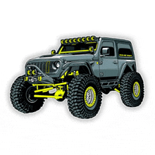 a cartoon drawing of a jeep with yellow tires