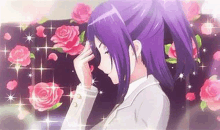 a girl with purple hair is standing in front of a wall of pink roses .