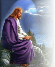 jesus in a purple robe is sitting on a rock near the ocean