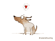 a drawing of a dog looking up at a red heart with the hashtag #redandhowling