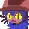 a pixel art drawing of a girl with yellow eyes and a hat