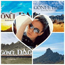 a picture of a woman in sunglasses is surrounded by pictures of mountains