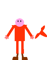 a cartoon character with a pink head and red arms