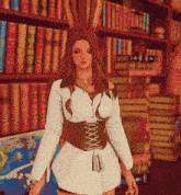 a woman in a corset and white shirt stands in front of a stack of books