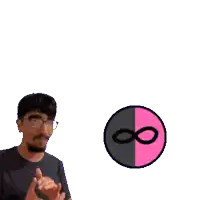 a man wearing glasses stands in front of a sign that says infinity + duplicator finitydupli