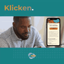 a man is looking at a cell phone with the words klicken on the bottom