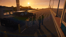 a group of people standing on the side of a road near a truck