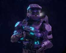 a video game character with a purple helmet holding a purple gun