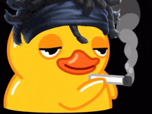 a yellow rubber duck with dreadlocks is smoking a cigarette