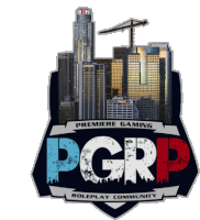 a logo for premiere gaming with a city skyline in the background