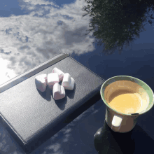 a book and a cup of coffee with marshmallows on a table