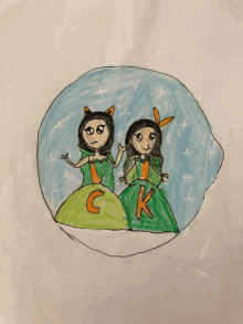 a drawing of two girls in green dresses with the letter k on them