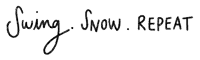the words swing snow repeat are written in black ink on a white background