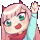 a pixel art drawing of a girl with pink hair and green eyes .