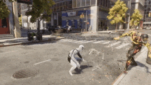 a man in a white suit is standing on a street in front of a building that says ' chase '