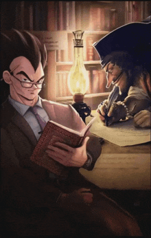 a cartoon of a man reading a book and another man writing on a piece of paper