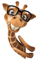 a cartoon giraffe wearing glasses looks at the camera