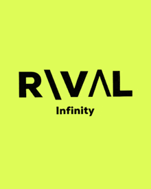 a yellow background with a black rival infinity logo