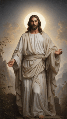 a painting of jesus in a white robe