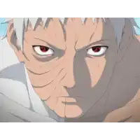 a close up of a man 's face with red eyes and white hair