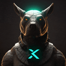 a statue of a dog with a glowing x on it 's neck