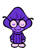 a cartoon character wearing glasses and a purple hat