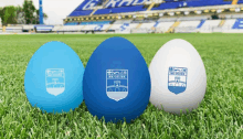 three blue and white balls with nk osijek logos on them