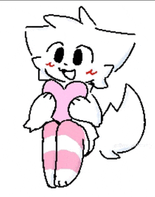 a pixel art drawing of a white cat wearing pink and white striped socks holding a pink heart .