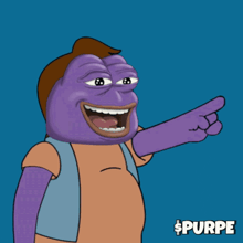 a cartoon character with a purple face and brown hair points to the right and says ha ha