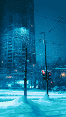 a painting of a snowy street scene with a building in the background that says ' studio ' on it