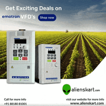 an advertisement for emotiron vfd 's with a picture of a field in the background